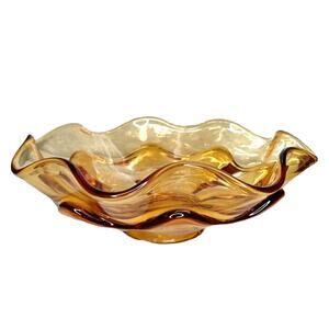 Vintage MCM Amber Glass Bowl Layered Ruffle Candy Dish Pedestal 8"